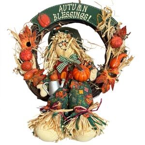 Autumn Blessings Scarecrow Wreath with Grapevine Base Fall Harvest Decor